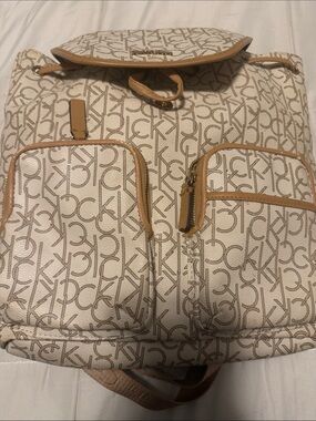 Calvin Klein White & Tan Logo Canvas Backpack